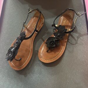Coach Black Floral T-Strap Sandals with Brown Footbed